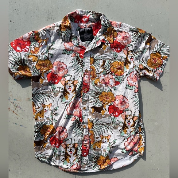 Men's Hot Topic Shirt Multicolor Corgi Hawaiian M TIKI Surf Art Deco Tropical - Picture 1 of 12